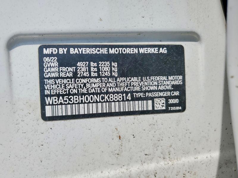 51268906 :رقم المزاد ، WBA53BH00NCK88814 vin ، 2022 Bmw 530 مزاد بيع