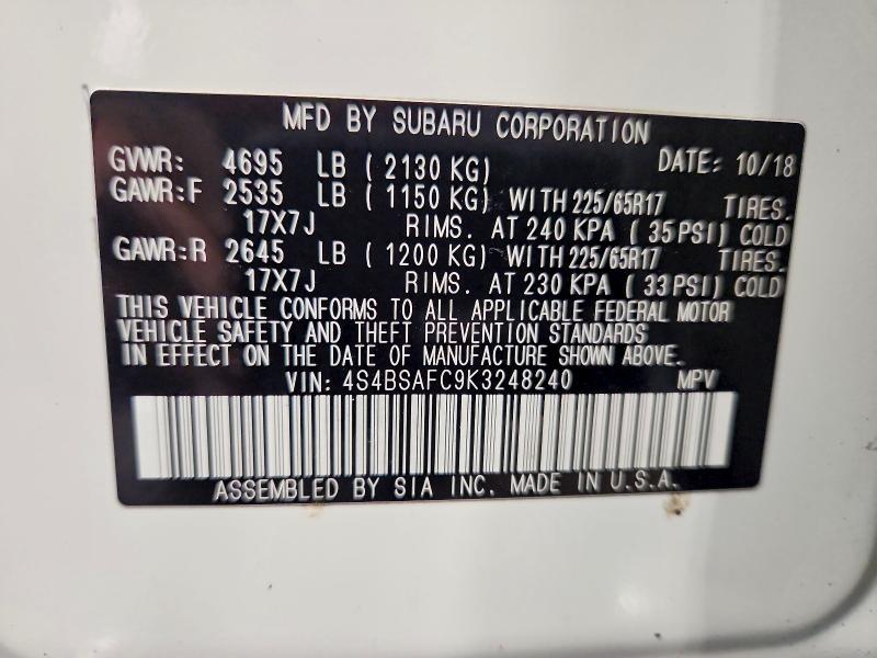 52760266 :رقم المزاد ، 4S4BSAFC9K3248240 vin ، 2019 Subaru Outback مزاد بيع