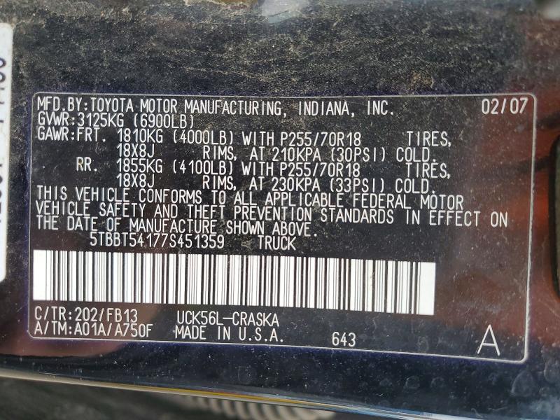 Aukcja sprzedaży 2007 Toyota Tundra, vin: 5TBBT54177S451359, numer aukcji: 53095196