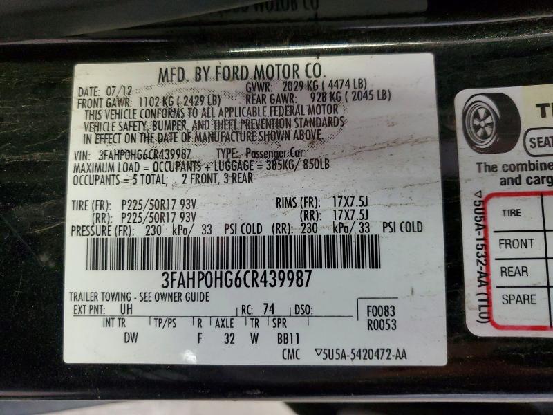 53944156 :رقم المزاد ، 3FAHP0HG6CR439987 vin ، 2012 Ford Fusion مزاد بيع