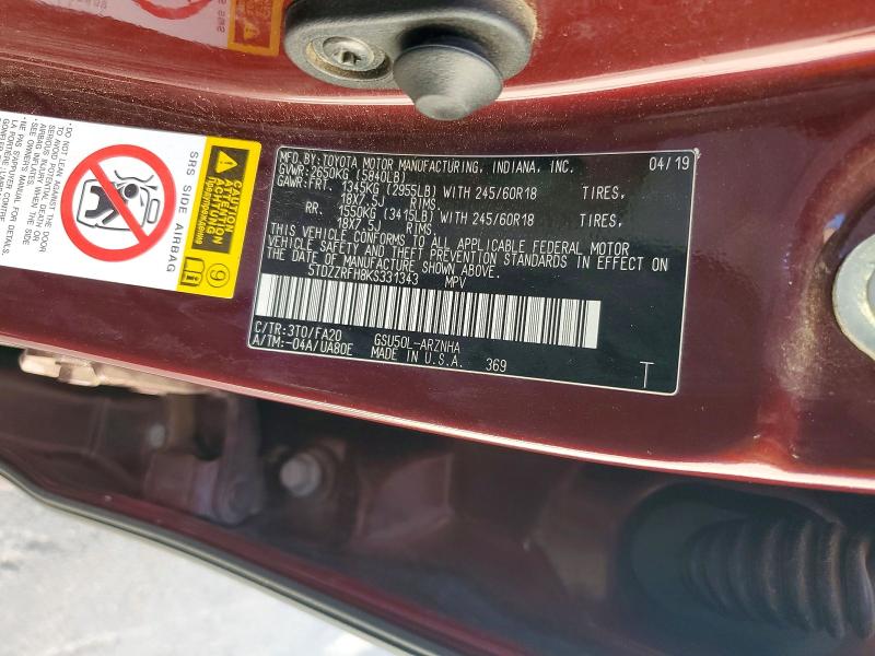 Aukcja sprzedaży 2019 Toyota Highlander, vin: 5TDZZRFH8KS331343, numer aukcji: 53981126
