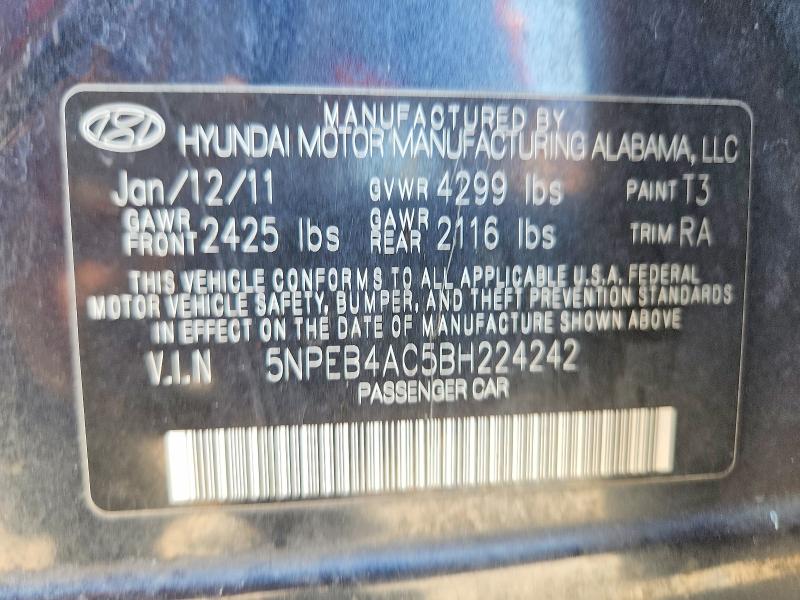 2011 Hyundai Sonata მანქანა იყიდება აუქციონზე, vin: 5NPEB4AC5BH224242, აუქციონის ნომერი: 53977246