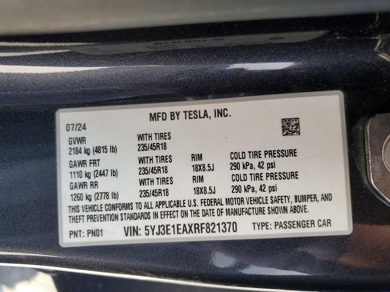 52711336 :رقم المزاد ، 5YJ3E1EAXRF821370 vin ، 2024 Tesla Model 3 مزاد بيع