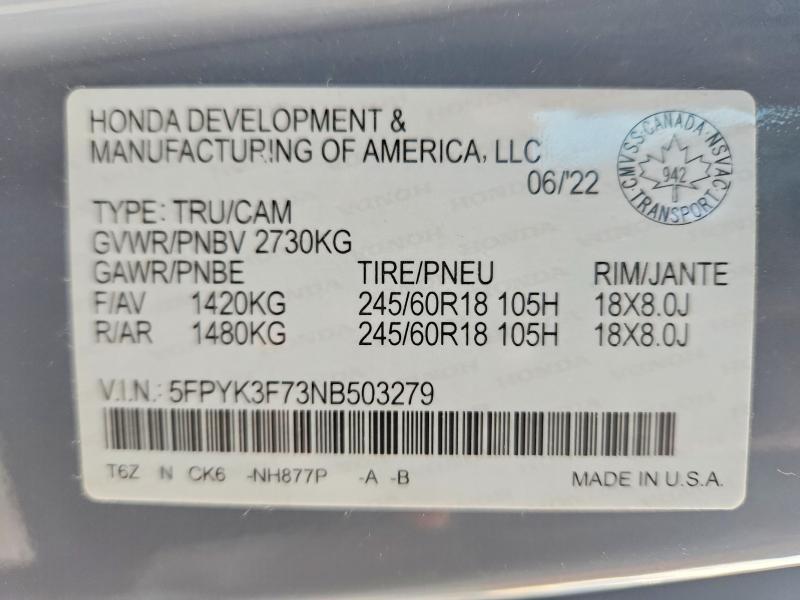 53798466 :رقم المزاد ، 5FPYK3F73NB503279 vin ، 2022 Honda Ridgeline مزاد بيع
