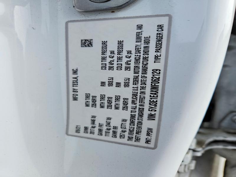 Aukcja sprzedaży 2021 Tesla Model 3 Rwd W/standa, vin: 5YJ3E1EAXMF062129, numer aukcji: 52434586