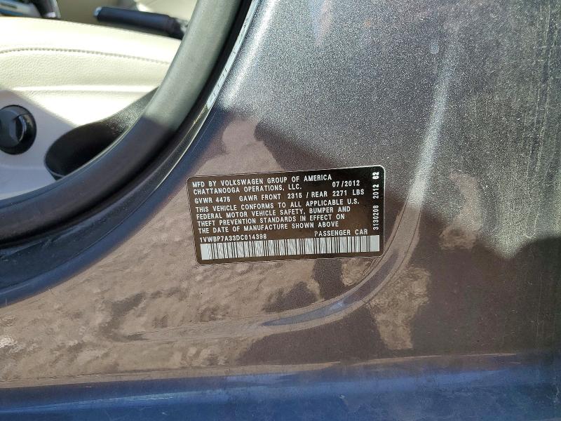 53976316 :رقم المزاد ، 1VWBP7A33DC014398 vin ، 2013 Volkswagen Passat مزاد بيع