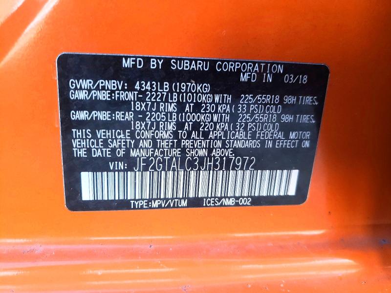 Aukcja sprzedaży 2018 Subaru Crosstrek, vin: JF2GTALC3JH317972, numer aukcji: 52065716