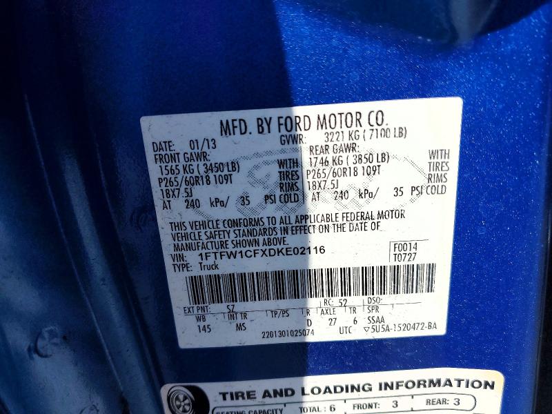2013 Ford F150 მანქანა იყიდება აუქციონზე, vin: 1FTFW1CFXDKE02116, აუქციონის ნომერი: 52524066