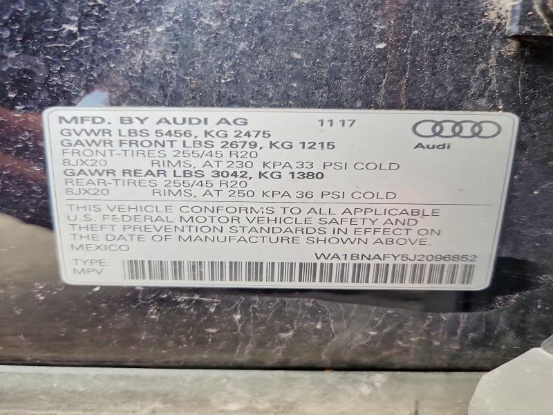 2018 Audi Q5 მანქანა იყიდება აუქციონზე, vin: WA1BNAFY5J2096852, აუქციონის ნომერი: 52649366