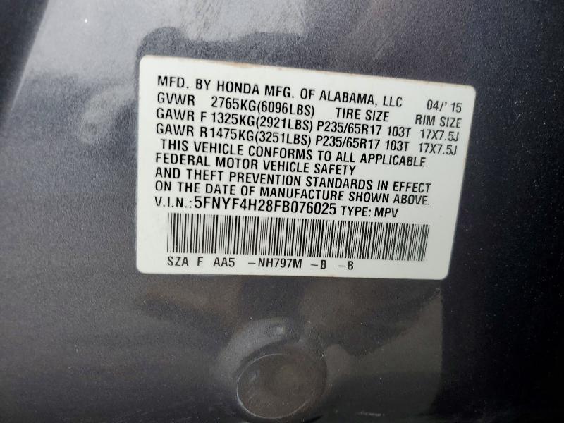 2015 Honda Pilot მანქანა იყიდება აუქციონზე, vin: 5FNYF4H28FB076025, აუქციონის ნომერი: 54942906