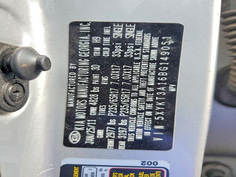2011 Kia Sorento მანქანა იყიდება აუქციონზე, vin: 5XYKT3A16BG149051, აუქციონის ნომერი: 52242966