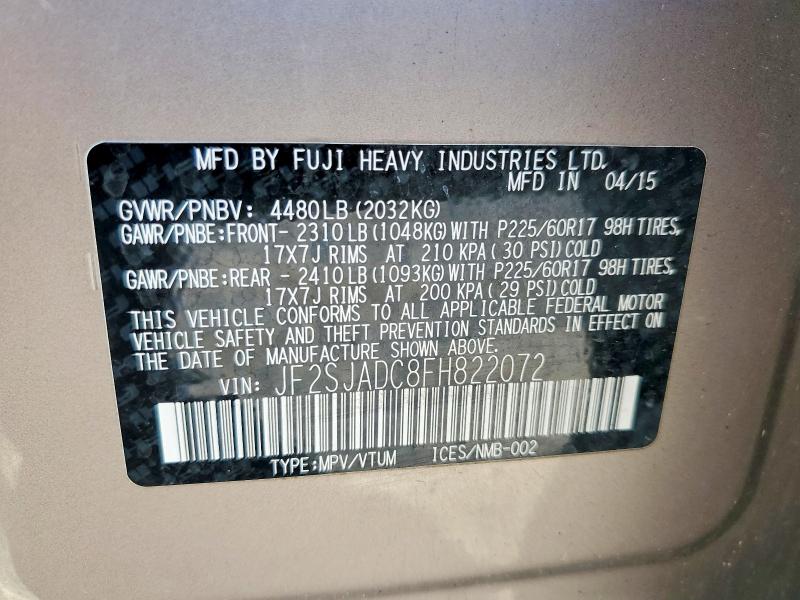 Продаж на аукціоні авто 2015 Subaru Forester, vin: JF2SJADC8FH822072, номер лоту: 52438886