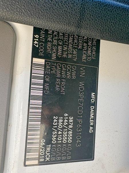 Auction sale of the 2018 Mercedes-benz Sprinter, vin: WD3PE7CD1JP631043, lot number: 55427036