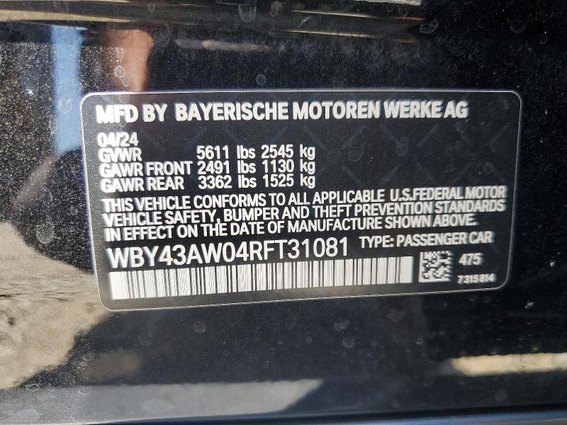 2024 Bmw I4 მანქანა იყიდება აუქციონზე, vin: WBY43AW04RFT31081, აუქციონის ნომერი: 53790966