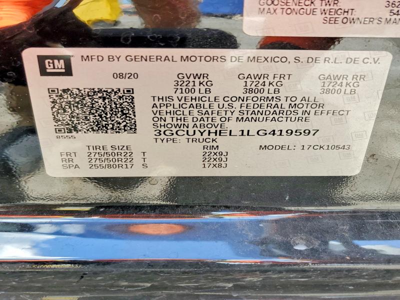 Продажа на аукционе авто 2020 Chevrolet Silverado, vin: 3GCUYHEL1LG419597, номер лота: 54090876