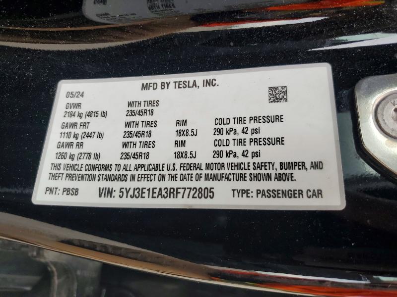 Auction sale of the 2024 Tesla Model 3, vin: 5YJ3E1EA3RF772805, lot number: 55120986
