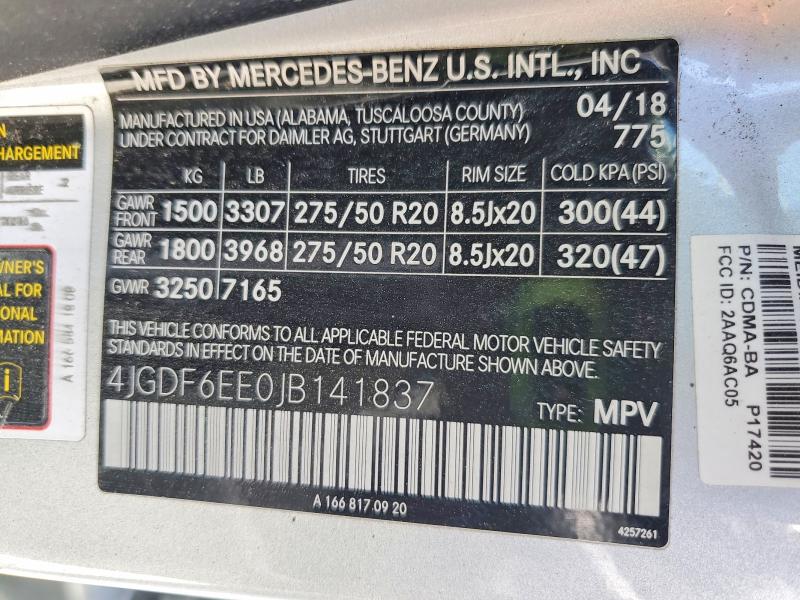 Продаж на аукціоні авто 2018 Mercedes-benz Gls, vin: 4JGDF6EE0JB141837, номер лоту: 52220116