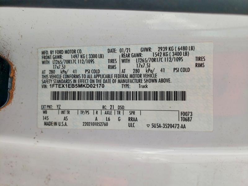 Aukcja sprzedaży 2021 Ford F150, vin: 1FTEX1EB5MKD02170, numer aukcji: 52730076