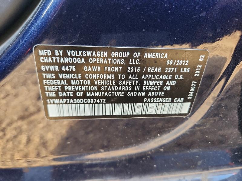 Aukcja sprzedaży 2013 Volkswagen Passat, vin: 1VWAP7A30DC037472, numer aukcji: 55228446
