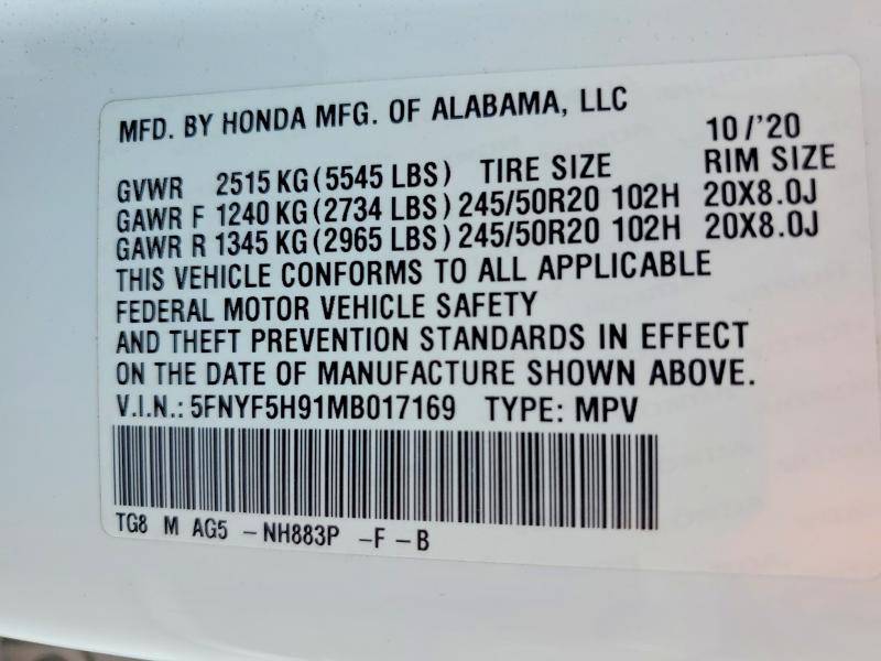 Aukcja sprzedaży 2021 Honda Pilot, vin: 5FNYF5H91MB017169, numer aukcji: 54790806