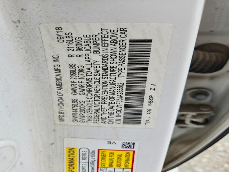 Продаж на аукціоні авто 2018 Honda Accord, vin: 1HGCV1F35JA235562, номер лоту: 54916726