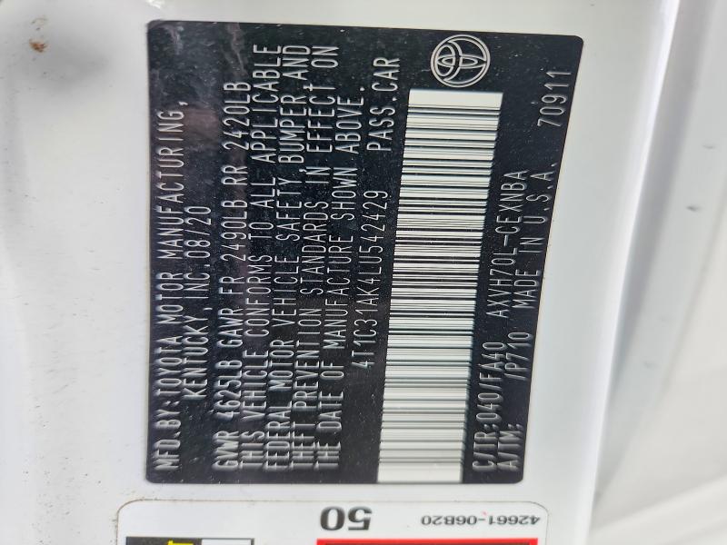 Auction sale of the 2020 Toyota Camry, vin: 4T1C31AK4LU542429, lot number: 54929936
