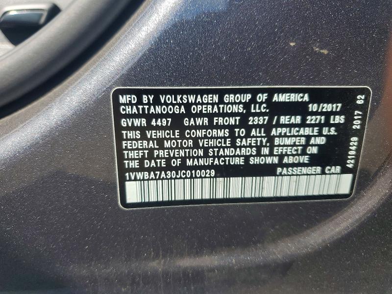 2018 Volkswagen Passat მანქანა იყიდება აუქციონზე, vin: 1VWBA7A30JC010029, აუქციონის ნომერი: 55012436