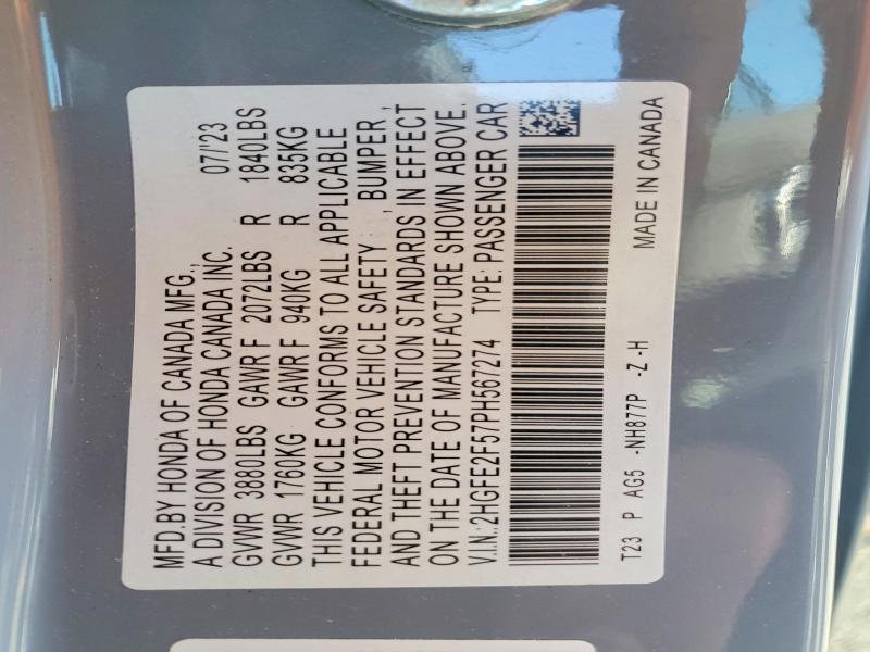 Продажа на аукционе авто 2023 Honda Civic, vin: 2HGFE2F57PH567274, номер лота: 52524666