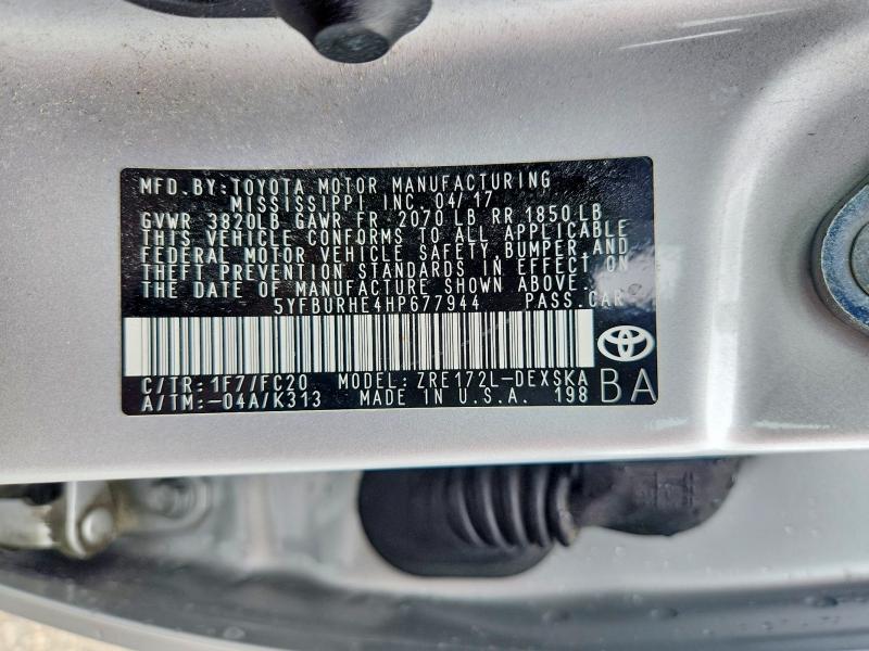 2017 Toyota Corolla მანქანა იყიდება აუქციონზე, vin: 5YFBURHE4HP677944, აუქციონის ნომერი: 54467056