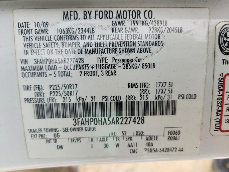 2010 Ford Fusion მანქანა იყიდება აუქციონზე, vin: 3FAHP0HA5AR227428, აუქციონის ნომერი: 54223196