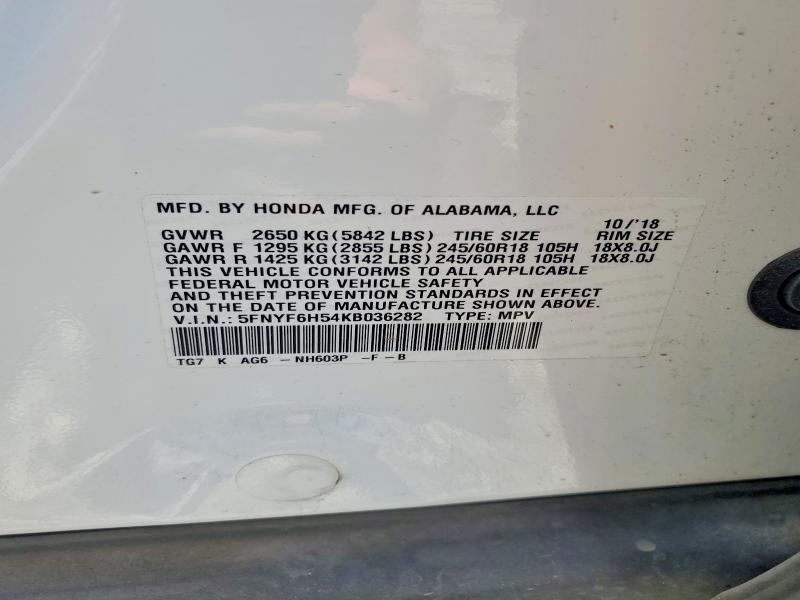 52475326 :رقم المزاد ، 5FNYF6H54KB036282 vin ، 2019 Honda Pilot مزاد بيع