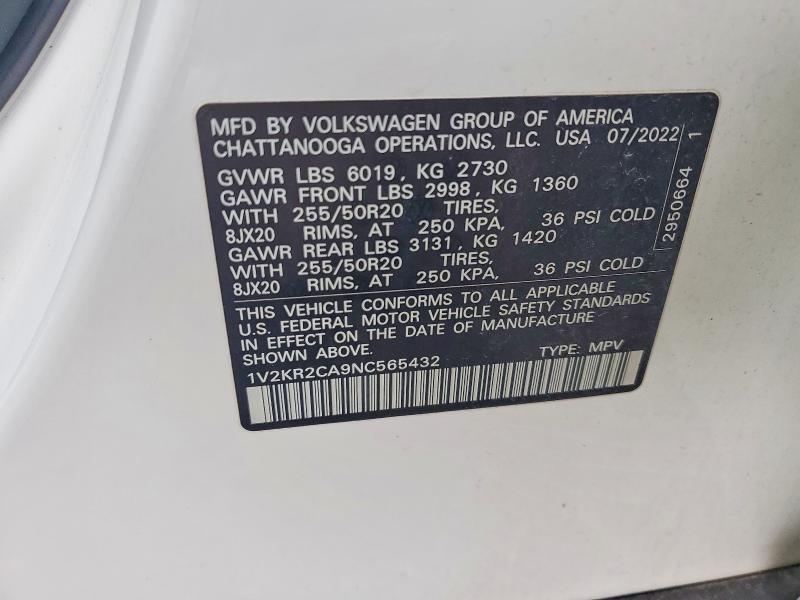 Aukcja sprzedaży 2022 Volkswagen Atlas, vin: 1V2KR2CA9NC565432, numer aukcji: 52624106