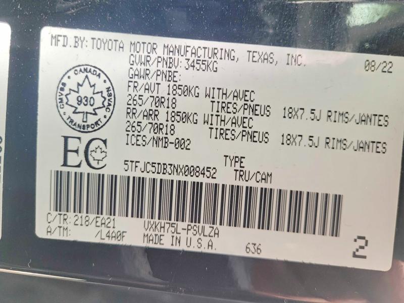 55111256 :رقم المزاد ، 5TFJC5DB3NX008452 vin ، 2022 Toyota Tundra مزاد بيع