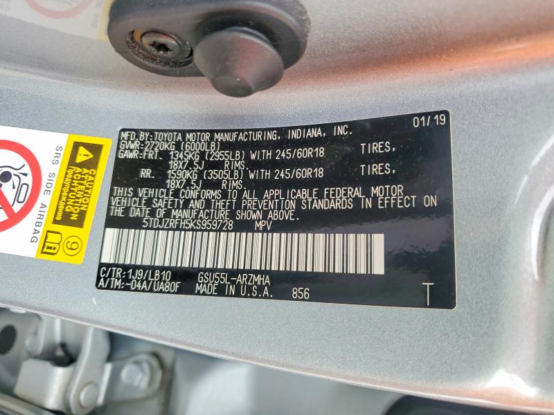 Aukcja sprzedaży 2019 Toyota Highlander, vin: 5TDJZRFH5KS959728, numer aukcji: 55200996