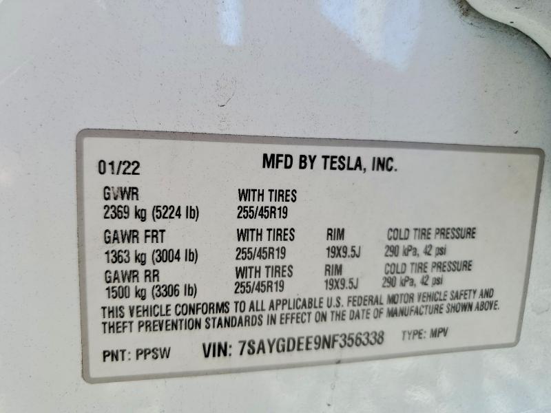2022 Tesla Model Y მანქანა იყიდება აუქციონზე, vin: 7SAYGDEE9NF356338, აუქციონის ნომერი: 54257556