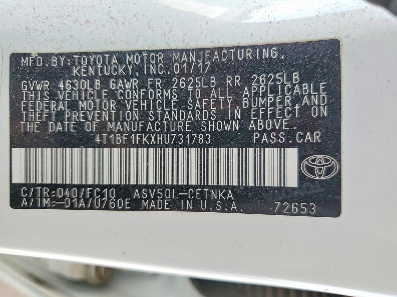 2017 Toyota Camry მანქანა იყიდება აუქციონზე, vin: 4T1BF1FKXHU731783, აუქციონის ნომერი: 55516406
