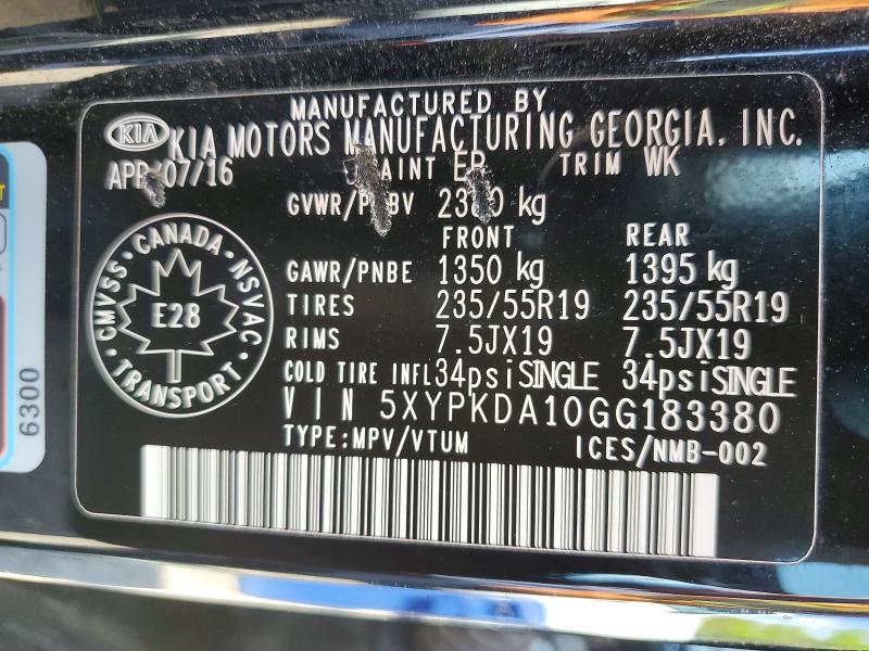 Aukcja sprzedaży 2016 Kia Sorento, vin: 5XYPKDA10GG183380, numer aukcji: 54708216