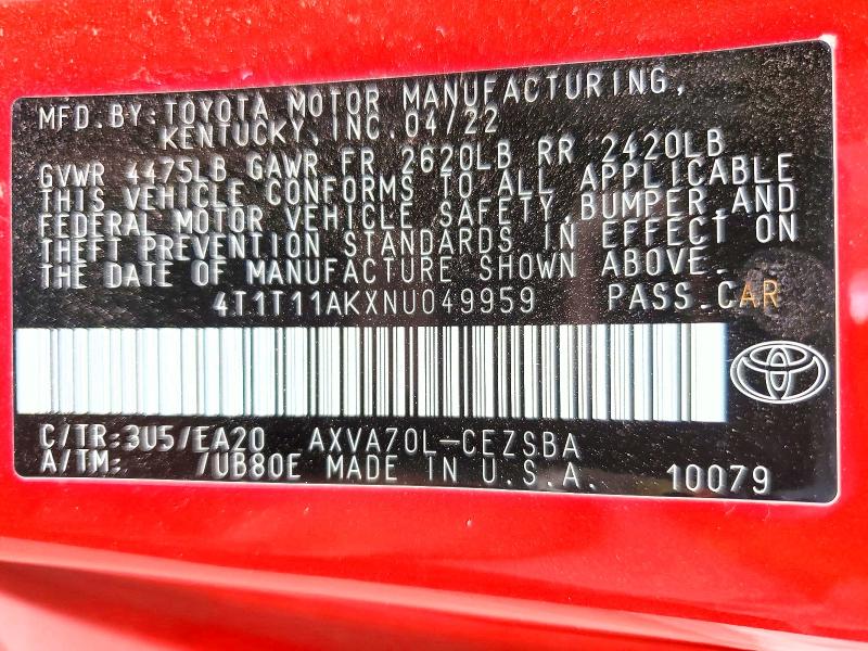 Продажа на аукционе авто 2022 Toyota Camry, vin: 4T1T11AKXNU049959, номер лота: 54886316