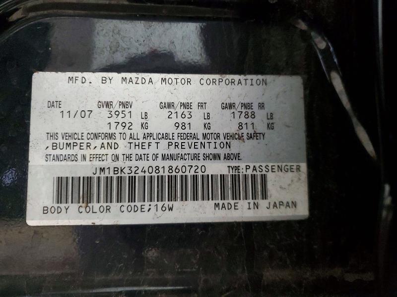 52324756 :رقم المزاد ، JM1BK324081860720 vin ، 2008 Mazda 3 مزاد بيع