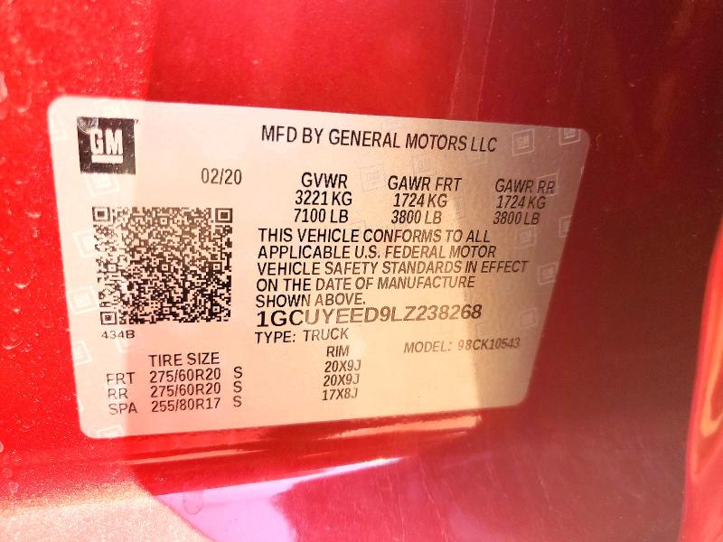 2020 Chevrolet Silverado მანქანა იყიდება აუქციონზე, vin: 1GCUYEED9LZ238268, აუქციონის ნომერი: 54239476