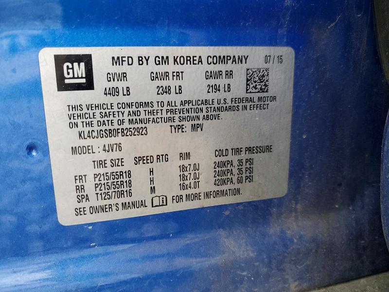 53100166 :رقم المزاد ، KL4CJGSB0FB252923 vin ، 2015 Buick Encore مزاد بيع