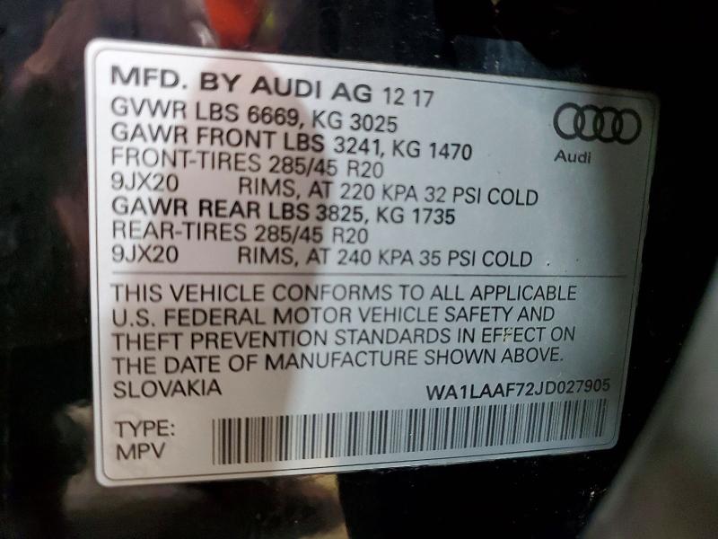 2018 Audi Q7 მანქანა იყიდება აუქციონზე, vin: WA1LAAF72JD027905, აუქციონის ნომერი: 52763136