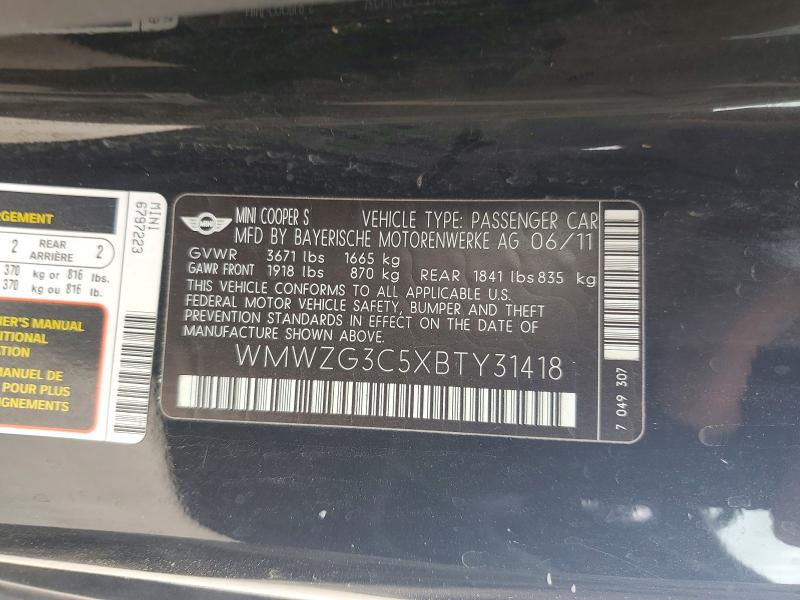 Aukcja sprzedaży 2011 Mini Cooper, vin: WMWZG3C5XBTY31418, numer aukcji: 54731546