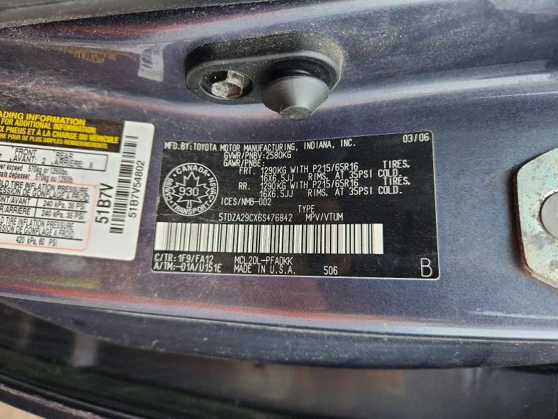 2006 Toyota Sienna მანქანა იყიდება აუქციონზე, vin: 5TDZA29CX6S476842, აუქციონის ნომერი: 51546396