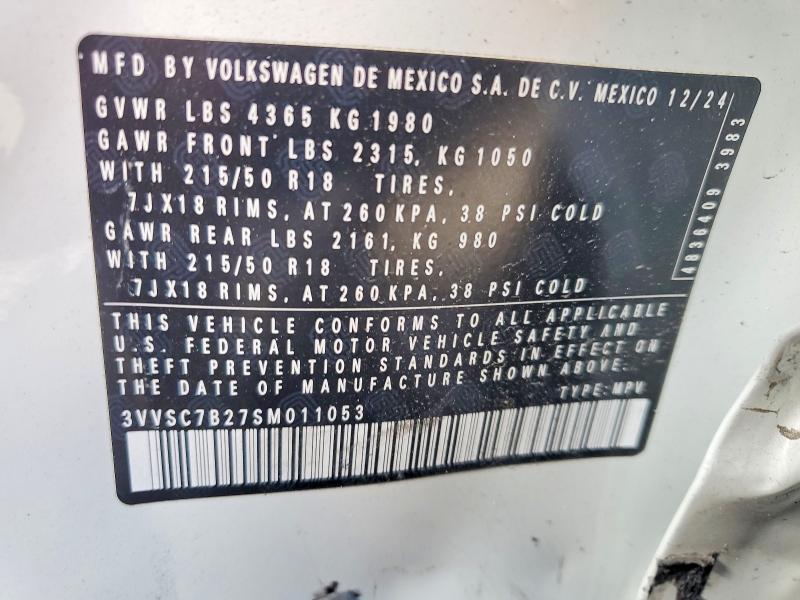 2025 Volkswagen Taos მანქანა იყიდება აუქციონზე, vin: 3VVSC7B27SM011053, აუქციონის ნომერი: 52894196