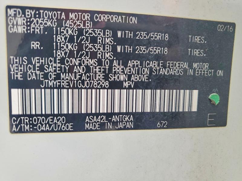 55149036 :رقم المزاد ، JTMYFREV1GJ078298 vin ، 2016 Toyota Rav4 مزاد بيع