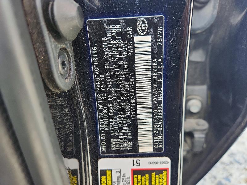 55010736 :رقم المزاد ، 4T1B11HK2JU629671 vin ، 2018 Toyota Camry مزاد بيع