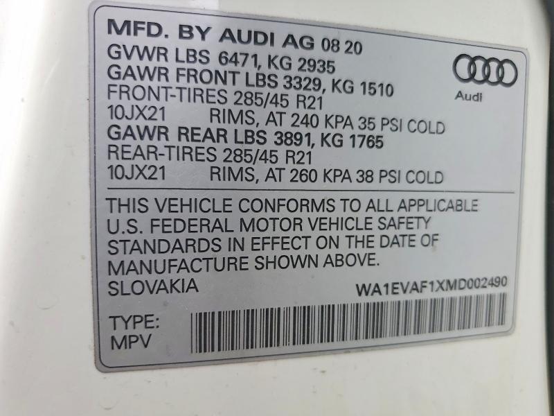 Продаж на аукціоні авто 2021 Audi Q8, vin: WA1EVAF1XMD002490, номер лоту: 54418186