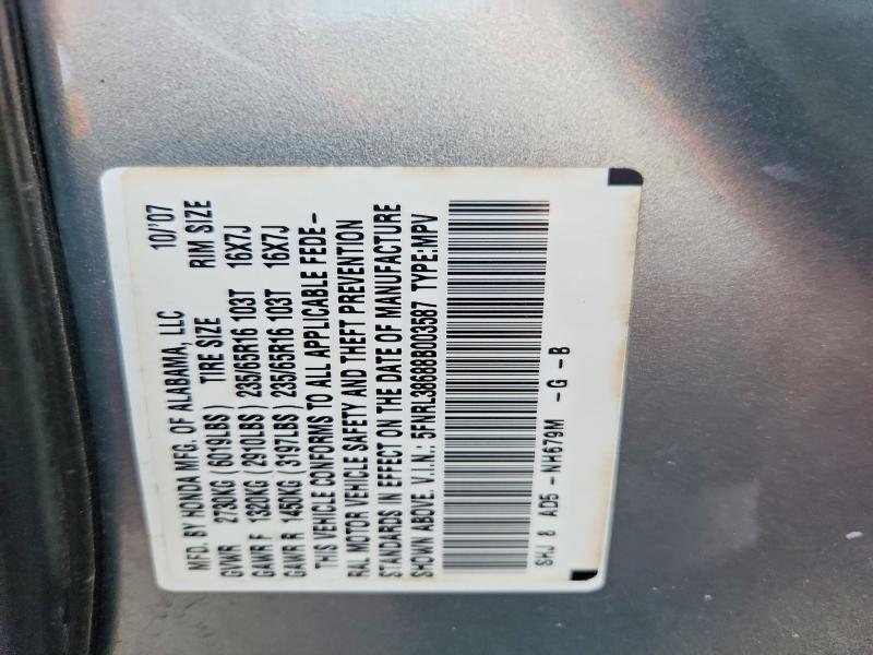 52589556 :رقم المزاد ، 5FNRL38688B003587 vin ، 2008 Honda Odyssey مزاد بيع