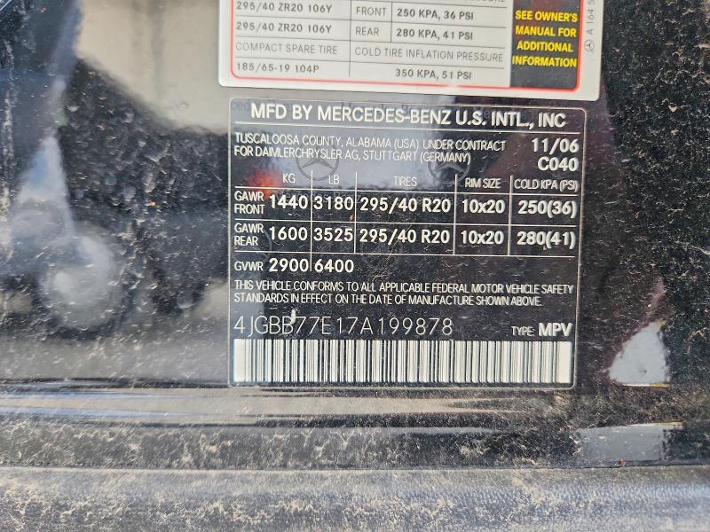 Aukcja sprzedaży 2007 Mercedes-benz Ml, vin: 4JGBB77E17A199878, numer aukcji: 53312516